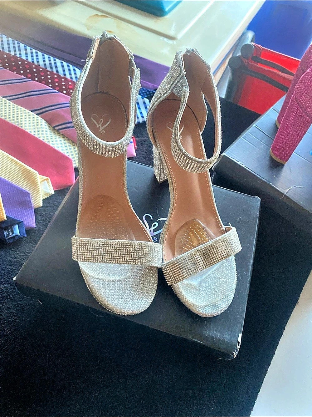 Wild Diva Lounge Silver Rhinestone Block Heel Ankle Strap Sandals
